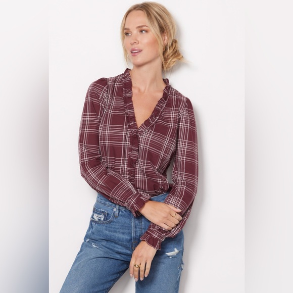 EVEREVE NWOT Maroon plaid ruffle top. Long sleeve. Button front. New. Size XS - Picture 2 of 9